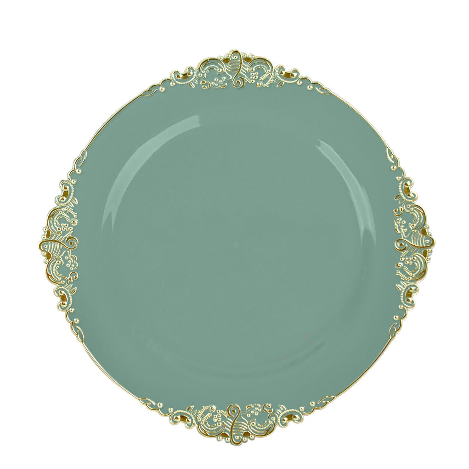 10-Pack Plastic 10" Round Dinner Plates in Dusty Sage Green with Gold Leaf Embossed Rim - Disposable Vintage Baroque Style Plates