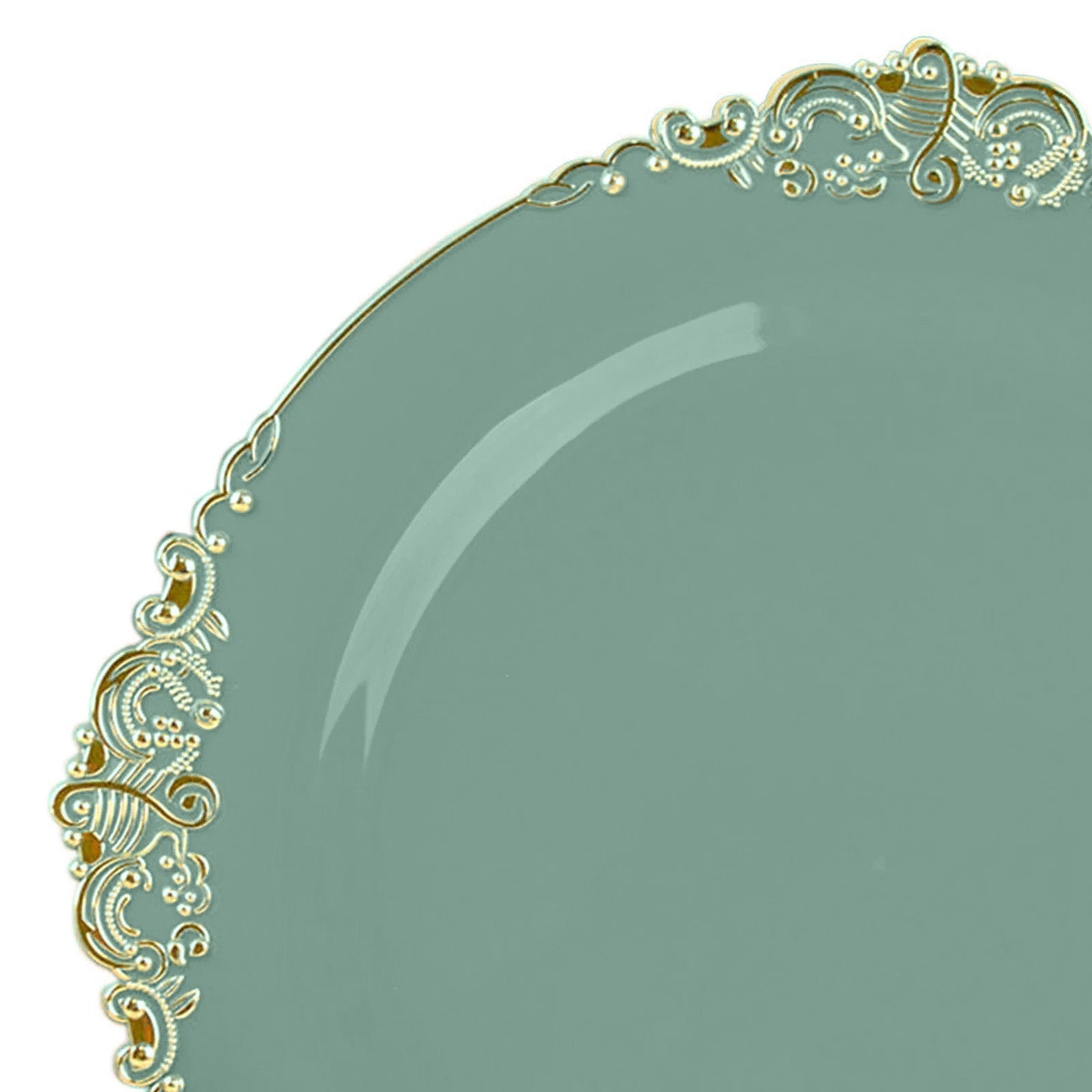 10-Pack Plastic 10" Round Dinner Plates in Dusty Sage Green with Gold Leaf Embossed Rim - Disposable Vintage Baroque Style Plates