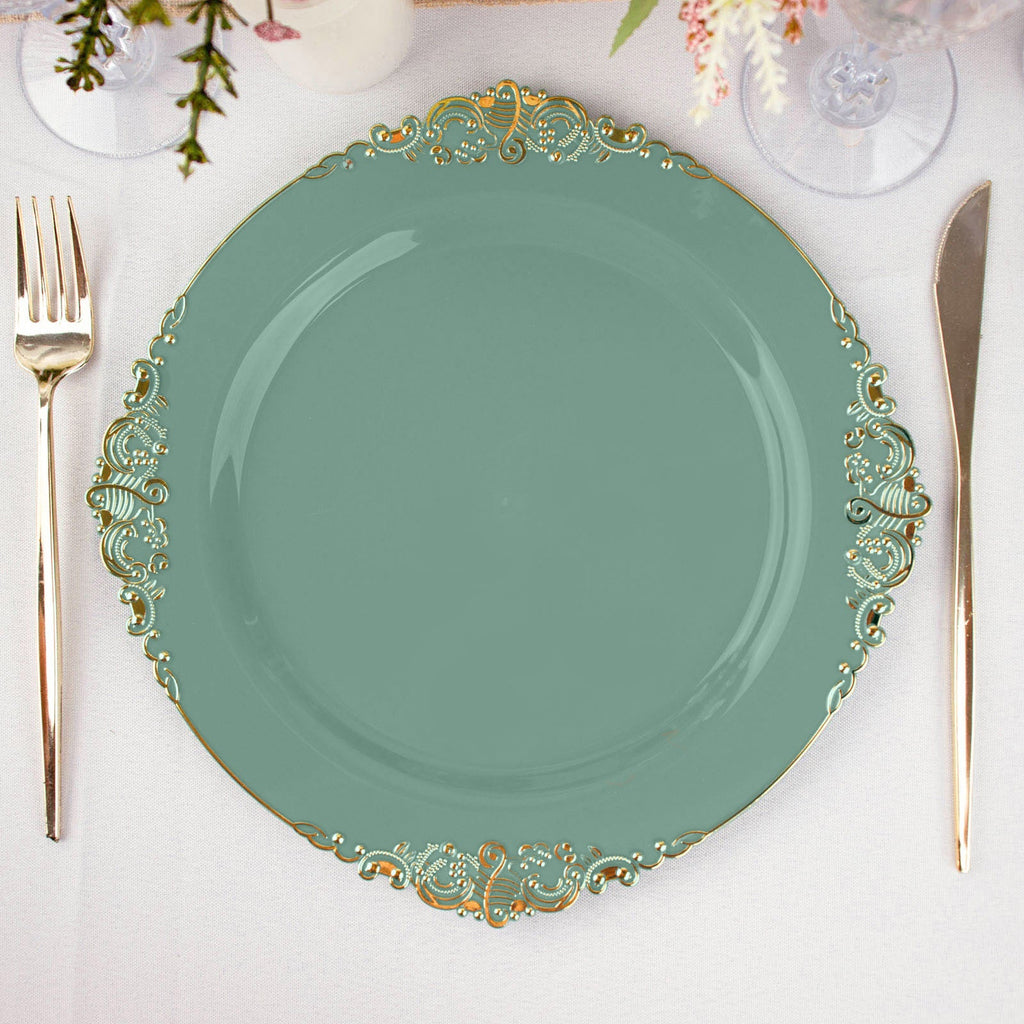 10-Pack Plastic 10" Round Dinner Plates in Dusty Sage Green with Gold Leaf Embossed Rim - Disposable Vintage Baroque Style Plates