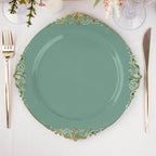 10-Pack Plastic 10" Round Dinner Plates in Dusty Sage Green with Gold Leaf Embossed Rim - Disposable Vintage Baroque Style Plates