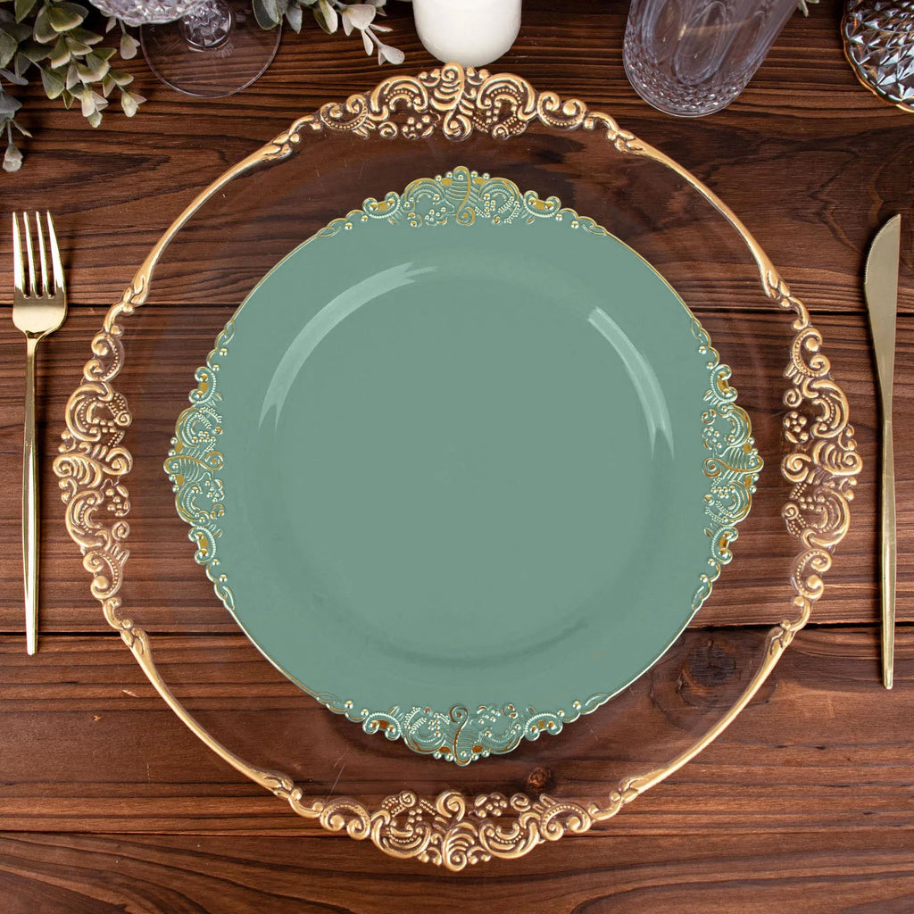 10-Pack Plastic 10" Round Dinner Plates in Dusty Sage Green with Gold Leaf Embossed Rim - Disposable Vintage Baroque Style Plates
