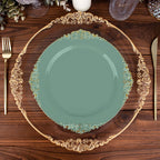 10-Pack Plastic 10" Round Dinner Plates in Dusty Sage Green with Gold Leaf Embossed Rim - Disposable Vintage Baroque Style Plates