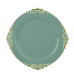 10-Pack Plastic 8" Round Dessert Plates in Dusty Sage Green with Gold Leaf Embossed Rim - Disposable Vintage Baroque Style Salad Plates
