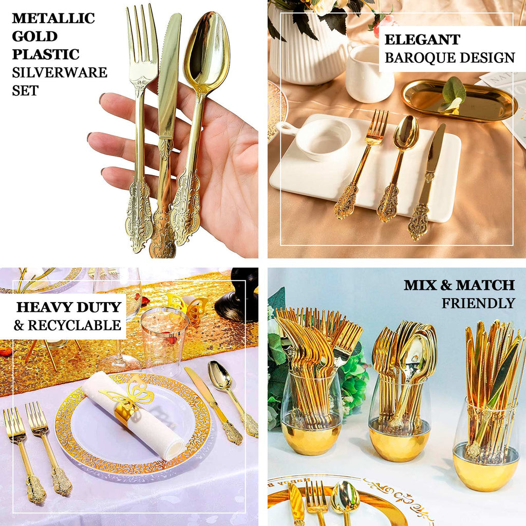 24 Pcs Plastic Silverware Set in Baroque Style Metallic Gold - Heavy Duty Disposable Knife, Fork, and Spoon Set