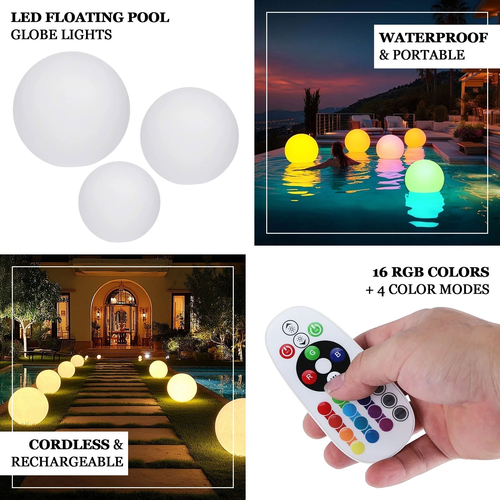 16â€ LED Color Changing Cordless Floating Pool Light Ball, Garden Light Globe with Remote - 16 RGB Colors With 4 Color Modes
