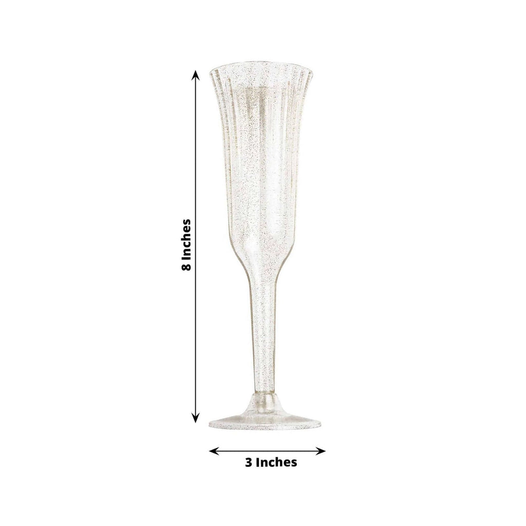 12-Pack Plastic Champagne Flutes Clear/Gold Glitter Flared Design - Lightweight Disposable Toasting Glasses 6oz