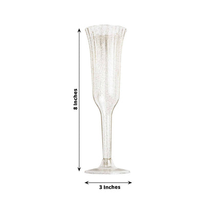 12-Pack Plastic Champagne Flutes Clear/Gold Glitter Flared Design - Lightweight Disposable Toasting Glasses 6oz
