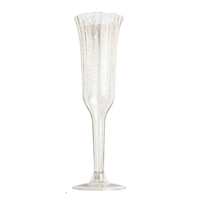 12-Pack Plastic Champagne Flutes Clear/Gold Glitter Flared Design - Lightweight Disposable Toasting Glasses 6oz