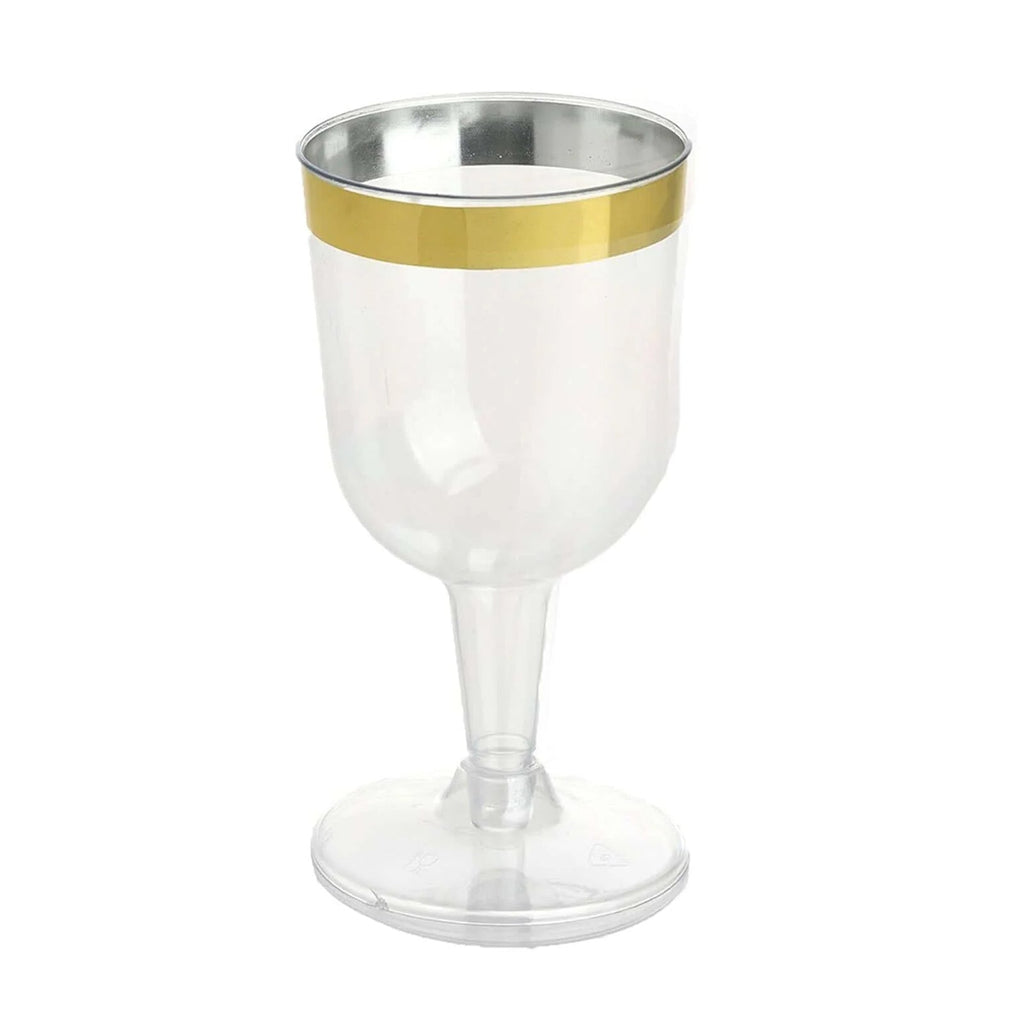 12-Pack Plastic Short Stem Wine Glasses Clear/Gold Rim - Stylish Disposable Drinkware 6oz