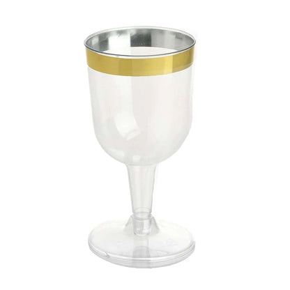 12-Pack Plastic Short Stem Wine Glasses Clear/Gold Rim - Stylish Disposable Drinkware 6oz
