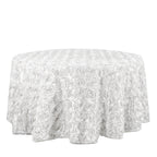 Satin 120" Round Tablecloth White - Grandiose 3D Rosette Design with Seamless Finish for Luxe Events