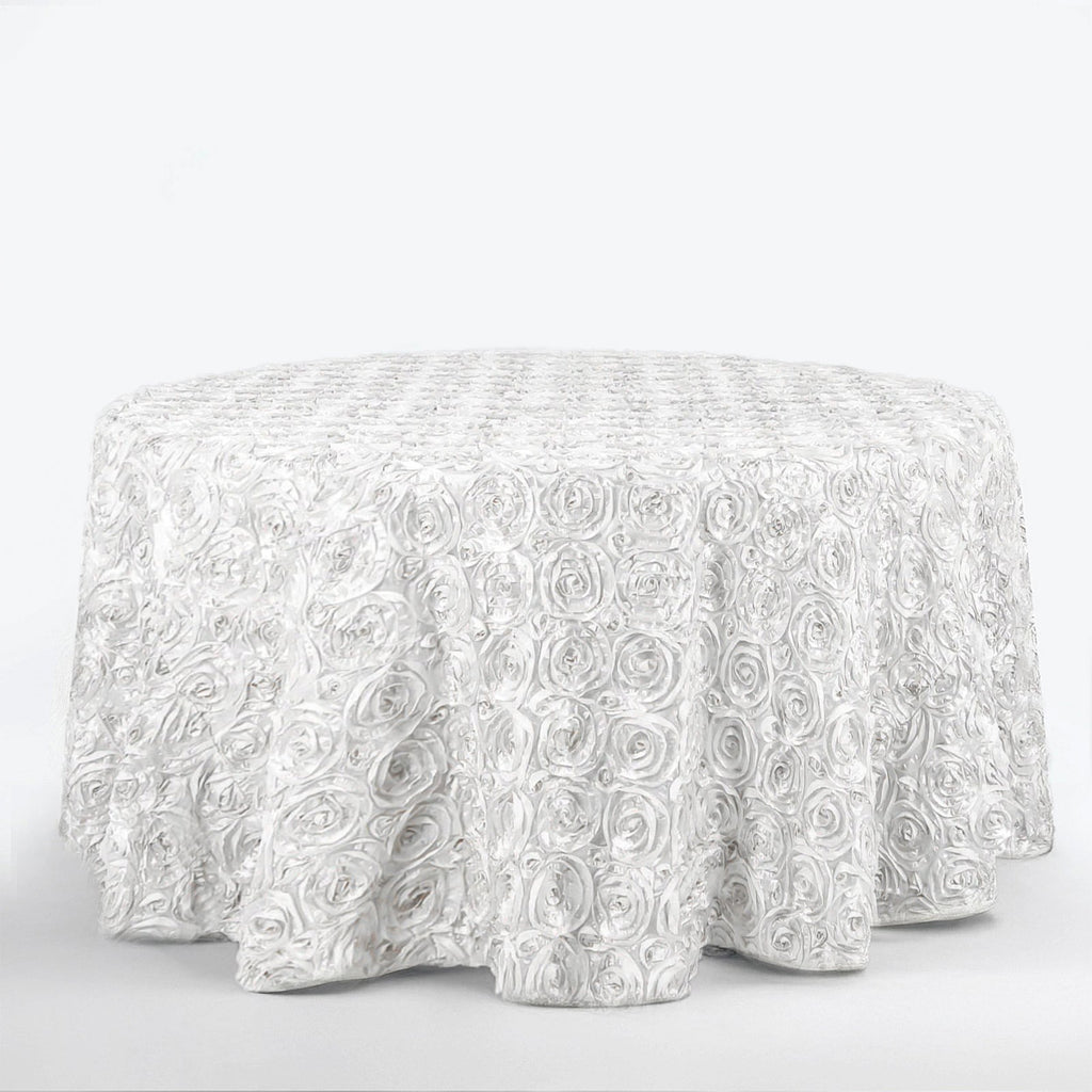 Satin 120" Round Tablecloth White - Grandiose 3D Rosette Design with Seamless Finish for Luxe Events