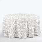 Satin 120" Round Tablecloth White - Grandiose 3D Rosette Design with Seamless Finish for Luxe Events