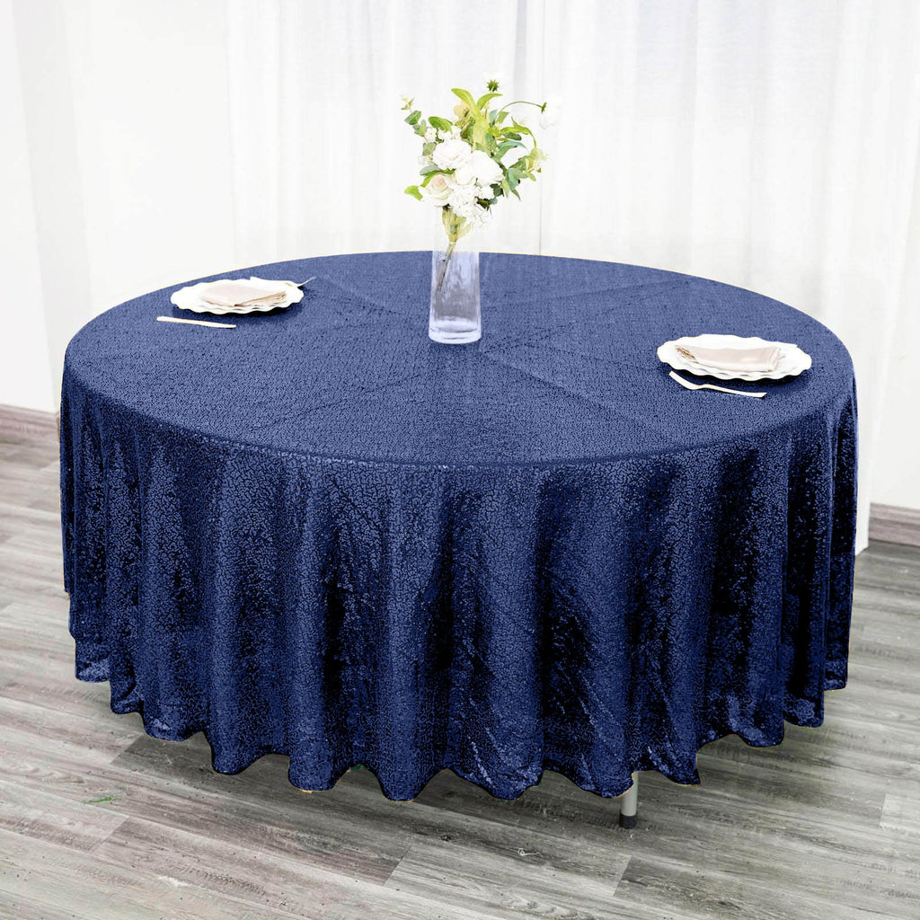 Sequin 108" Round Tablecloth Navy Blue - Glittering Finish Table Cover