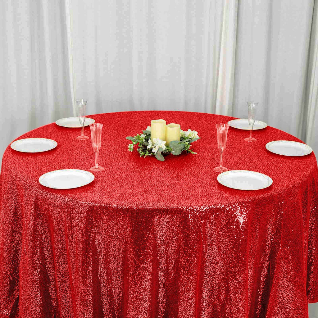 Sequin 120" Round Tablecloth Red - Seamless Glittering Table Cover