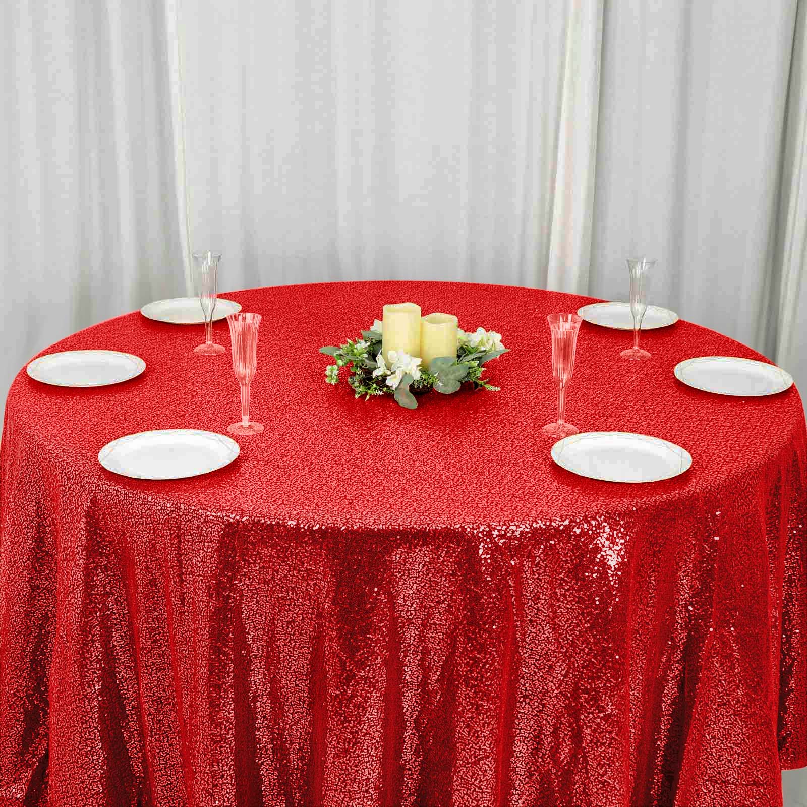 Sequin 120" Round Tablecloth Red - Seamless Glittering Table Cover