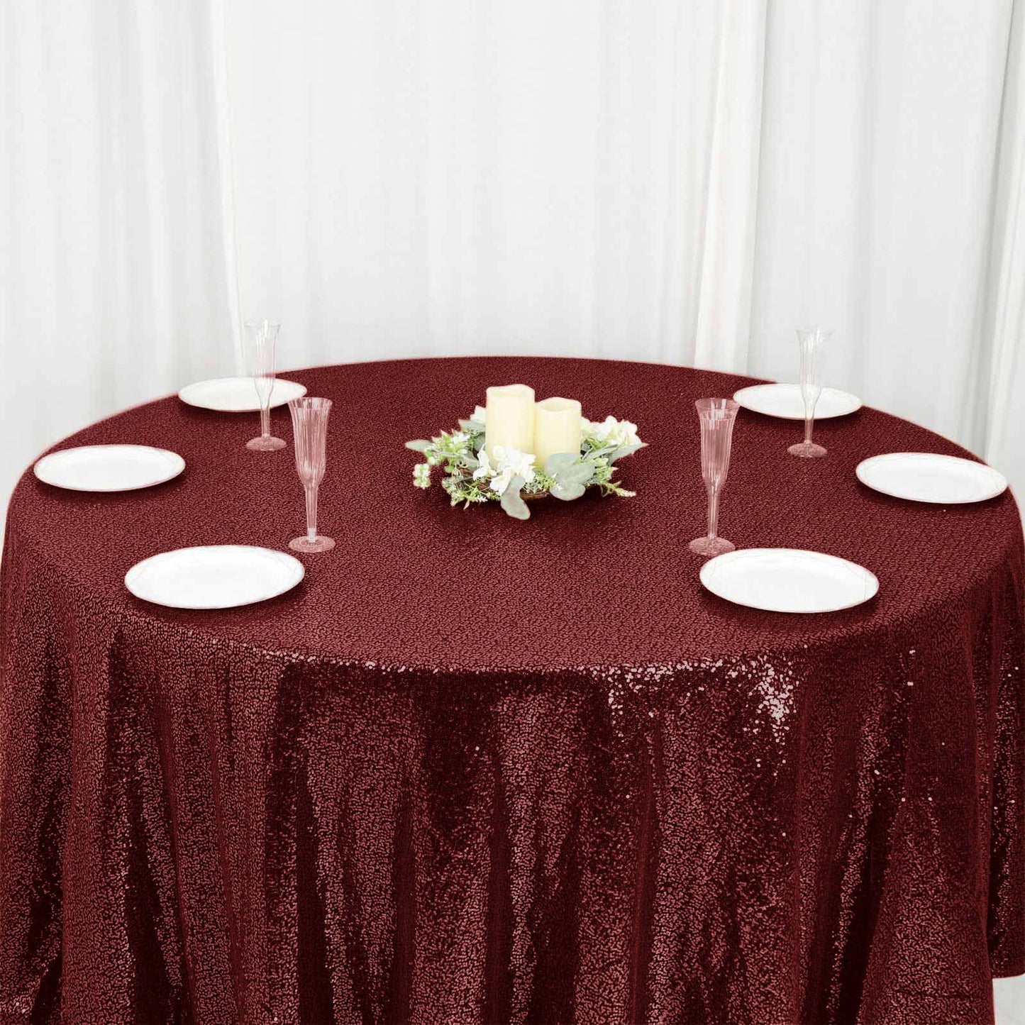 Sequin 120" Round Tablecloth Burgundy - Seamless Glittering Table Cover