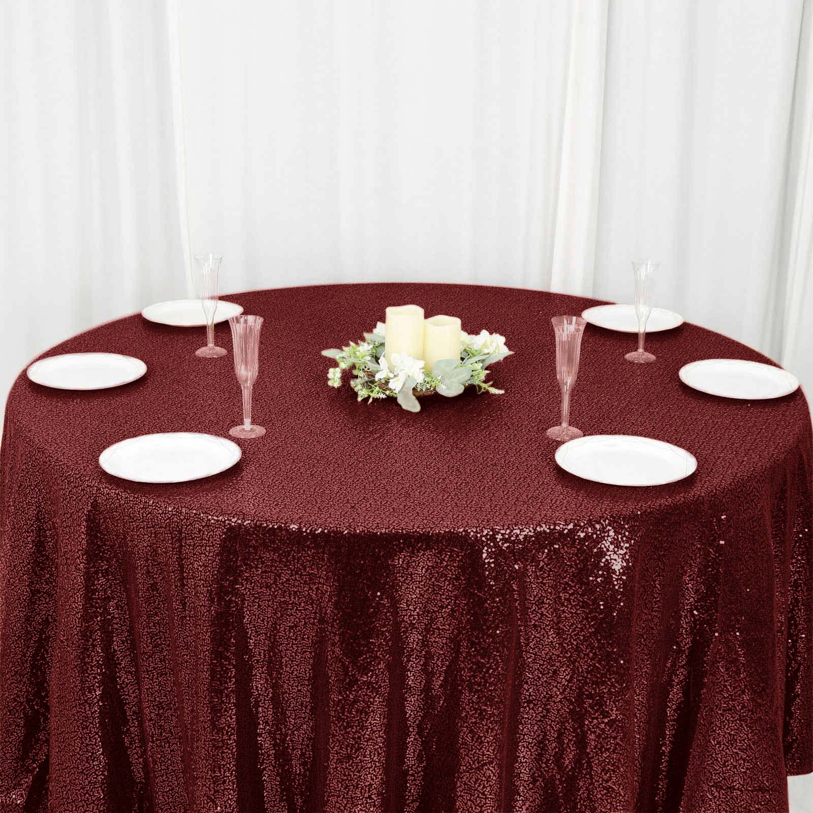 Sequin 120" Round Tablecloth Burgundy - Seamless Glittering Table Cover