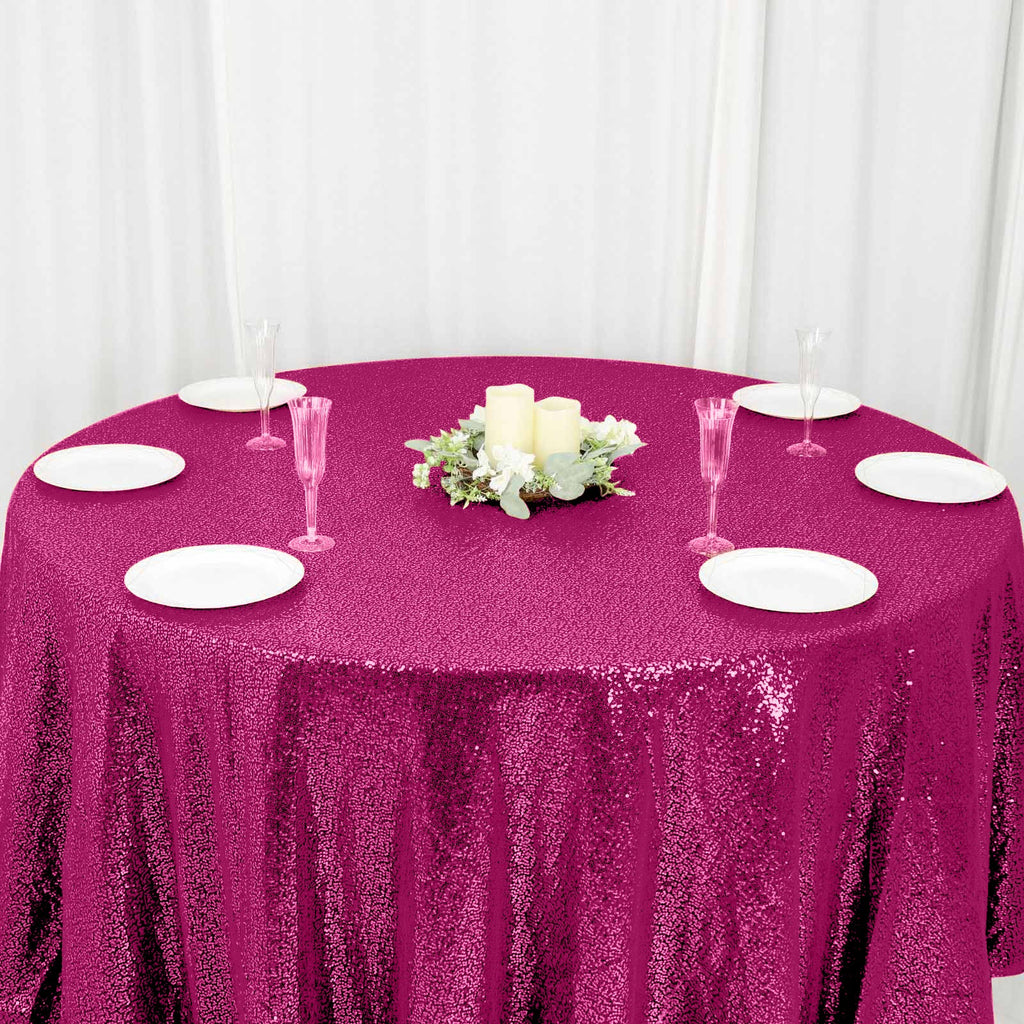 Sequin 120" Round Tablecloth Fuchsia - Seamless Glittering Table Cover
