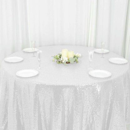 Sequin 120" Round Tablecloth White - Seamless Glittering Design for Sophisticated Events