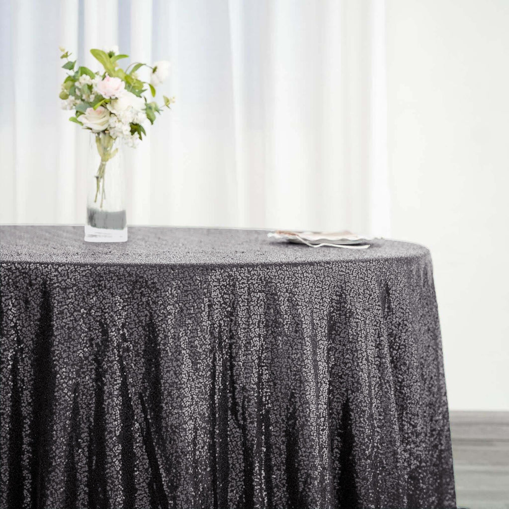 Sequin 132" Round Tablecloth Black - Seamless Dazzling Table Cover