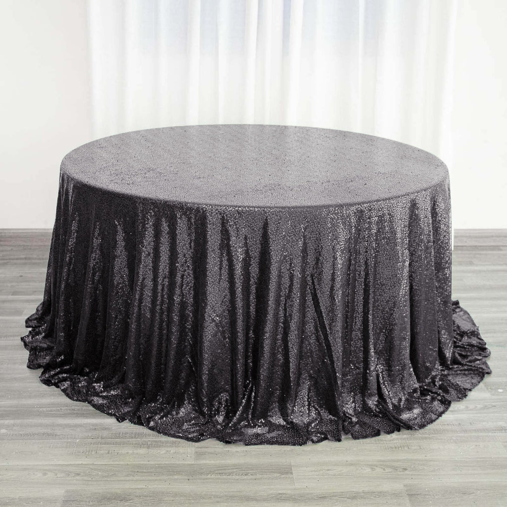 Sequin 132" Round Tablecloth Black - Seamless Dazzling Table Cover