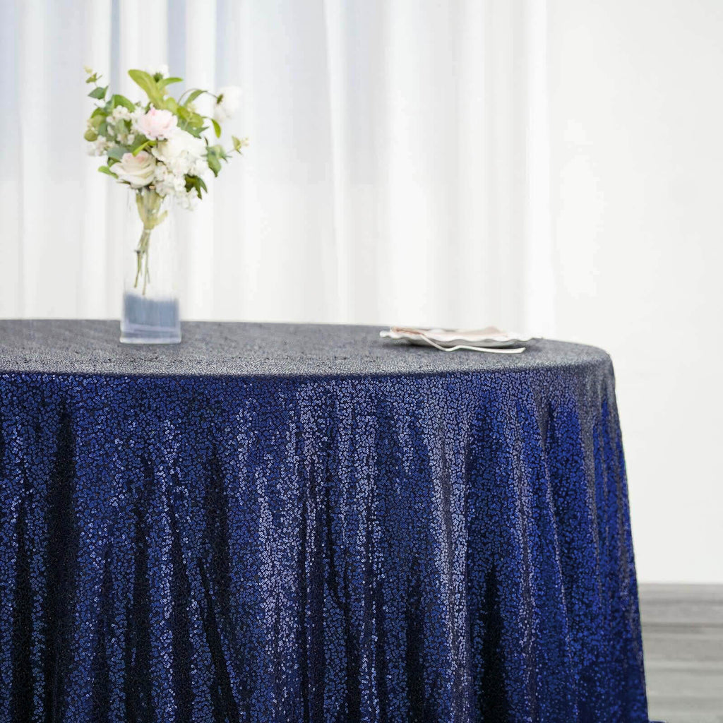 Sequin 132" Round Tablecloth Navy Blue - Seamless Dazzling Table Cover
