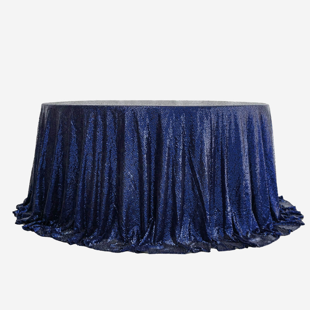 Sequin 132" Round Tablecloth Navy Blue - Seamless Dazzling Table Cover