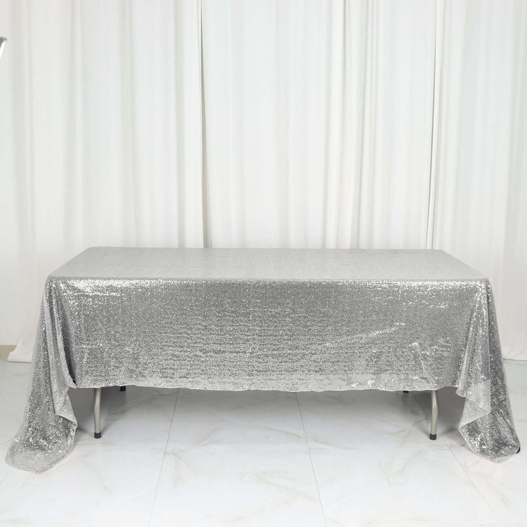 Sequin 60"x126" Rectangle Tablecloth Silver - Glittering Finish Table Cover
