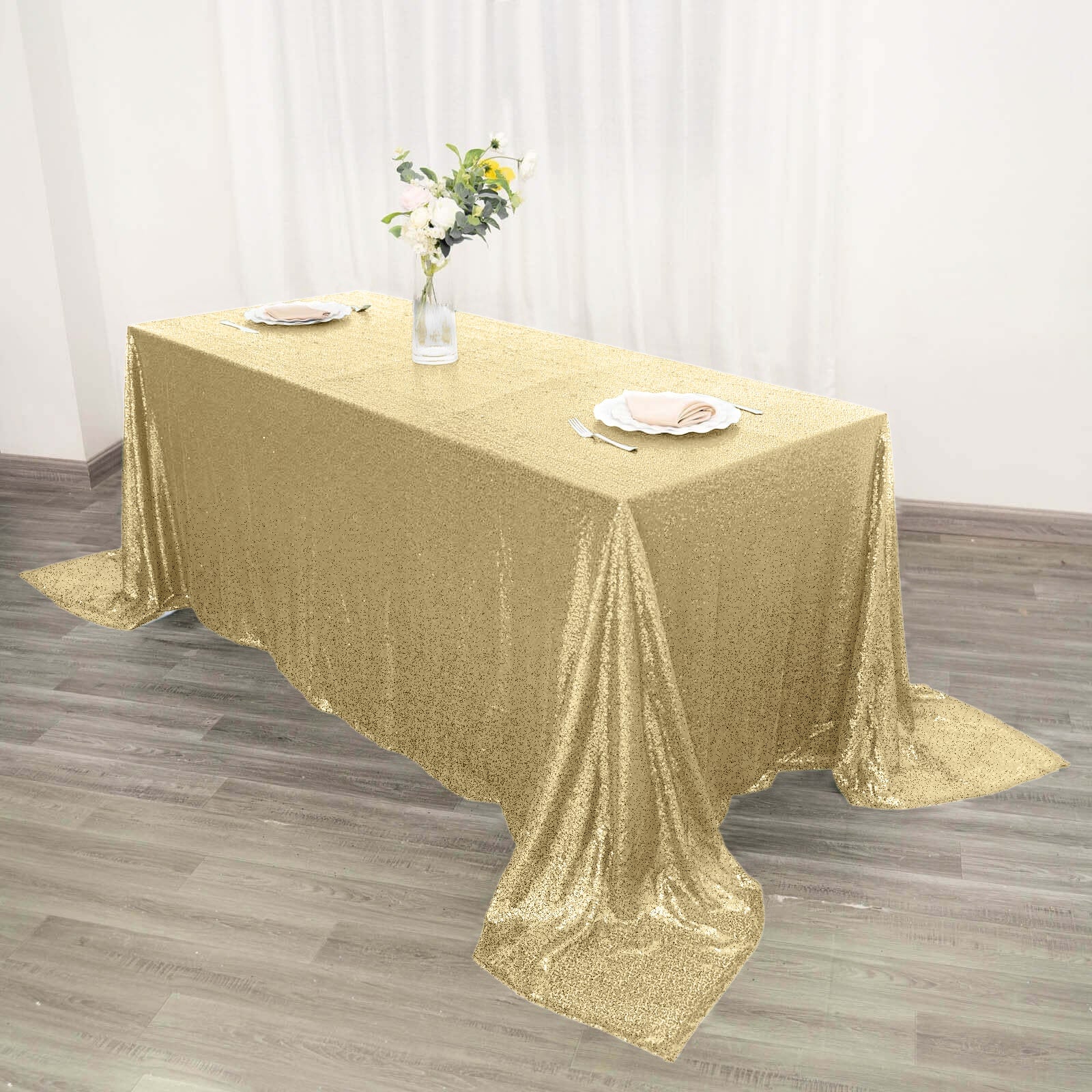 Sequin 90"x132" Rectangle Tablecloth Champagne - Seamless Sparkly Table Cover