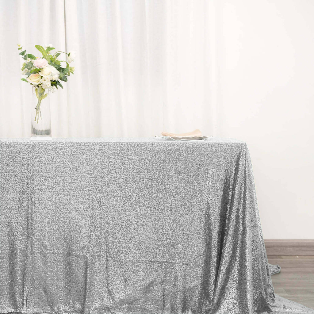 Sequin 90"x132" Rectangle Tablecloth Silver - Seamless Sparkly Table Cover
