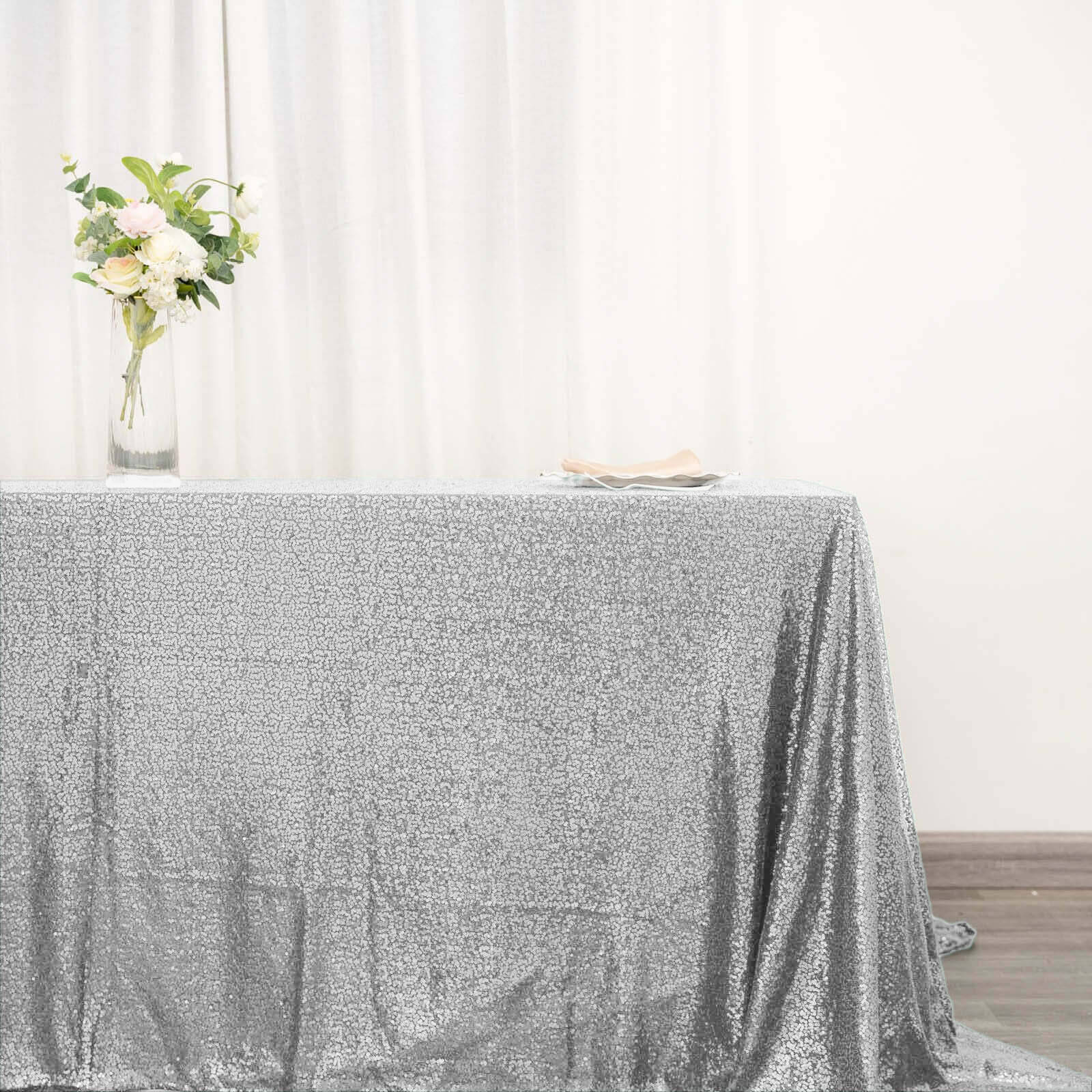 Sequin 90"x132" Rectangle Tablecloth Silver - Seamless Sparkly Table Cover