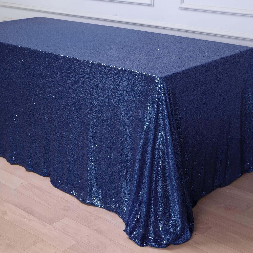 Sequin 90"x156" Rectangle Tablecloth Navy Blue - Seamless Twinkling Table Cover