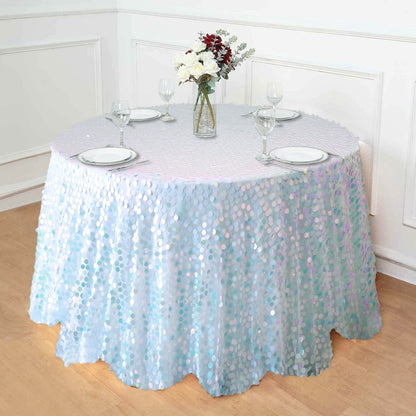 Sequin 120" Round Tablecloth Iridescent Blue - Seamless Big Payette Table Cover