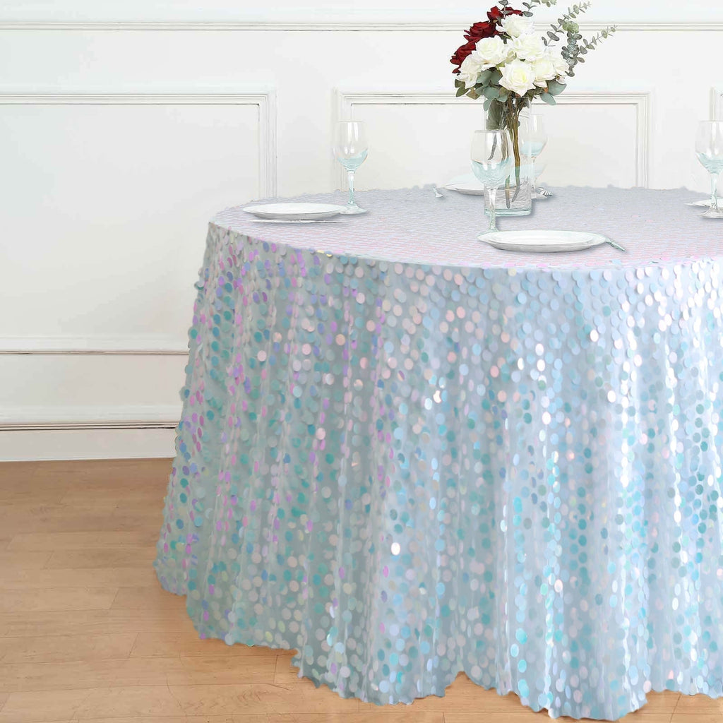 Sequin 120" Round Tablecloth Iridescent Blue - Seamless Big Payette Table Cover