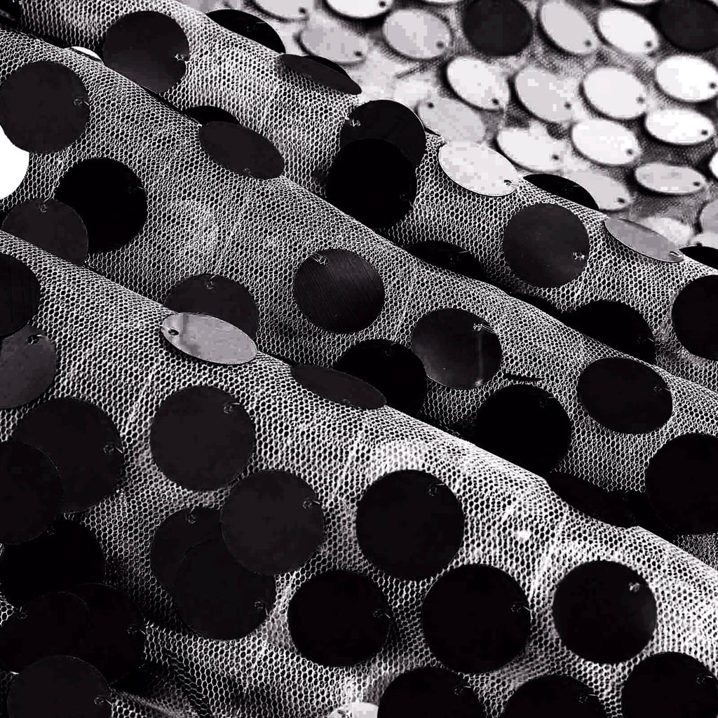 Sequin 120" Round Tablecloth Black - Seamless Big Payette Design for Luxe Celebrations