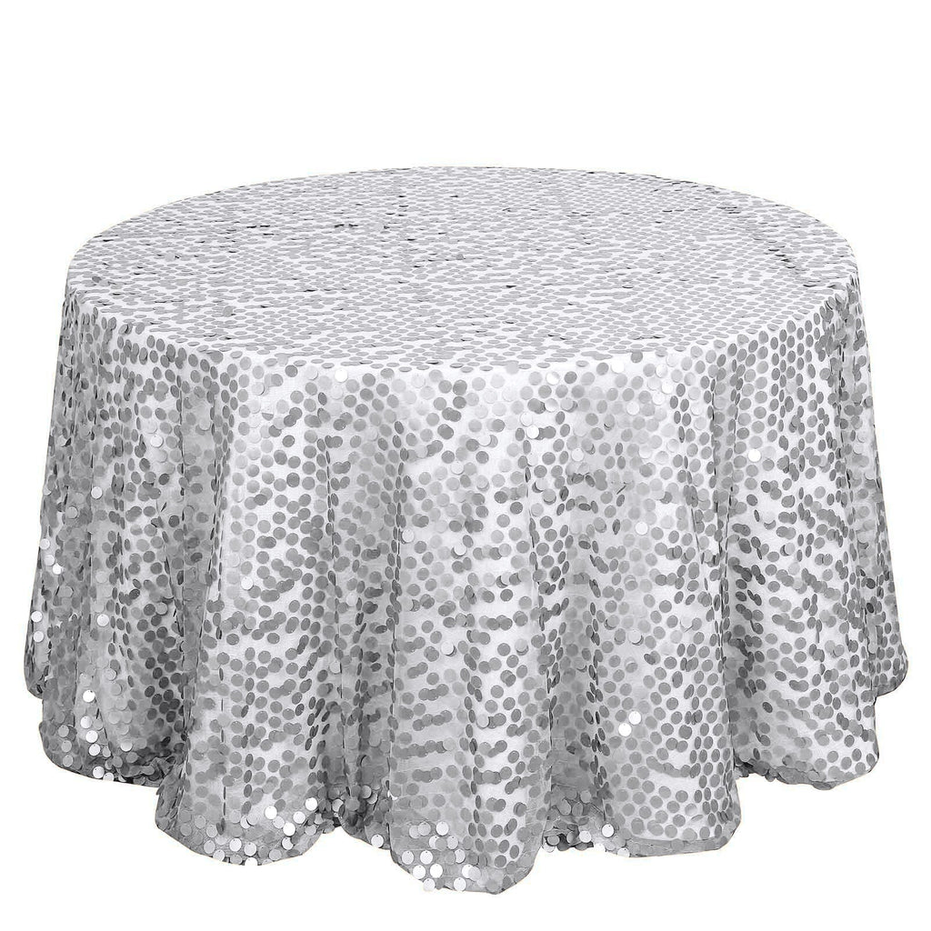 Sequin 120" Round Tablecloth Silver - Seamless Big Payette Design Table Cover