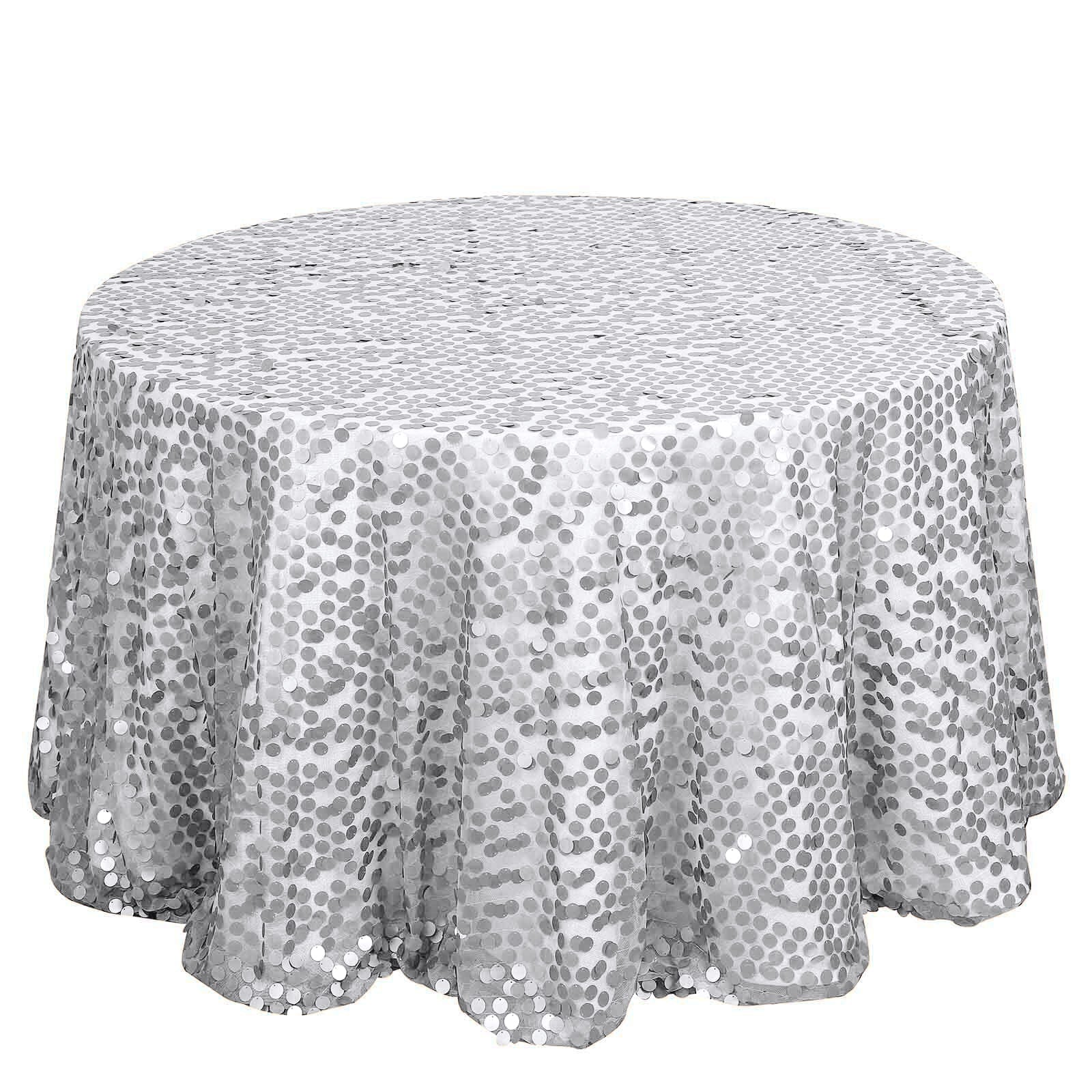 Sequin 120" Round Tablecloth Silver - Seamless Big Payette Design Table Cover