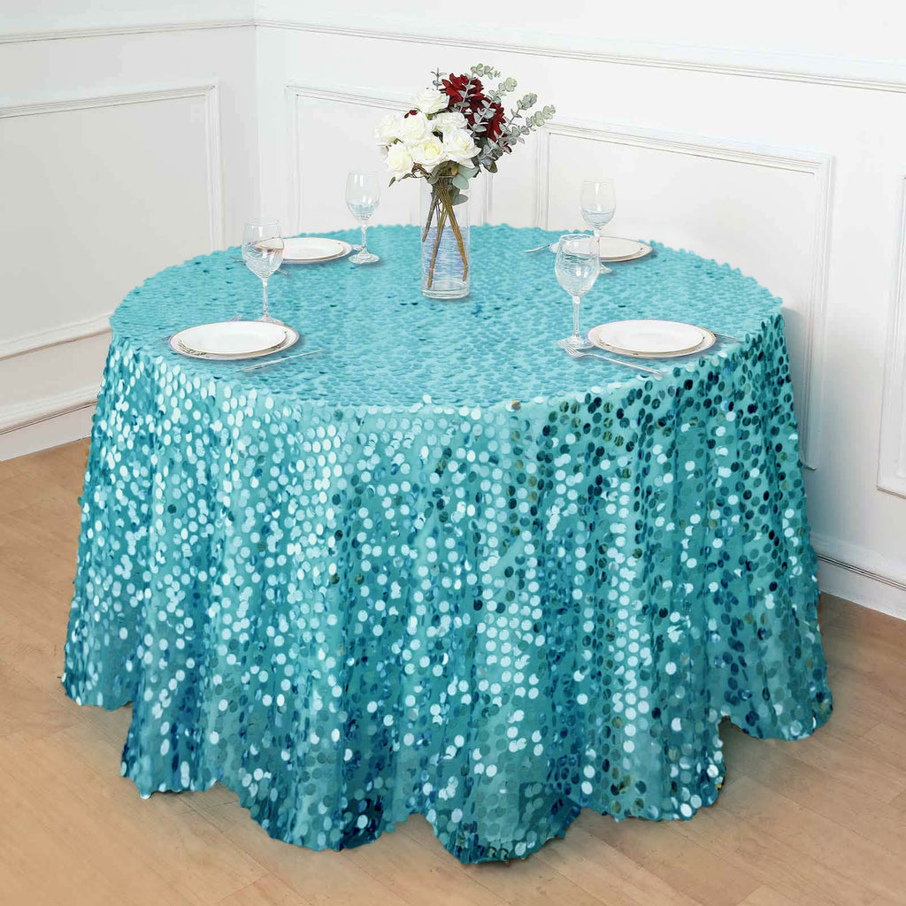 Sequin 120" Round Tablecloth Turquoise - Seamless Big Payette Table Cover