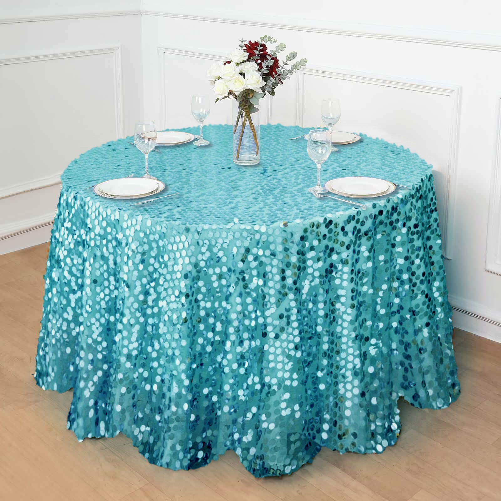 Sequin 120" Round Tablecloth Turquoise - Seamless Big Payette Table Cover