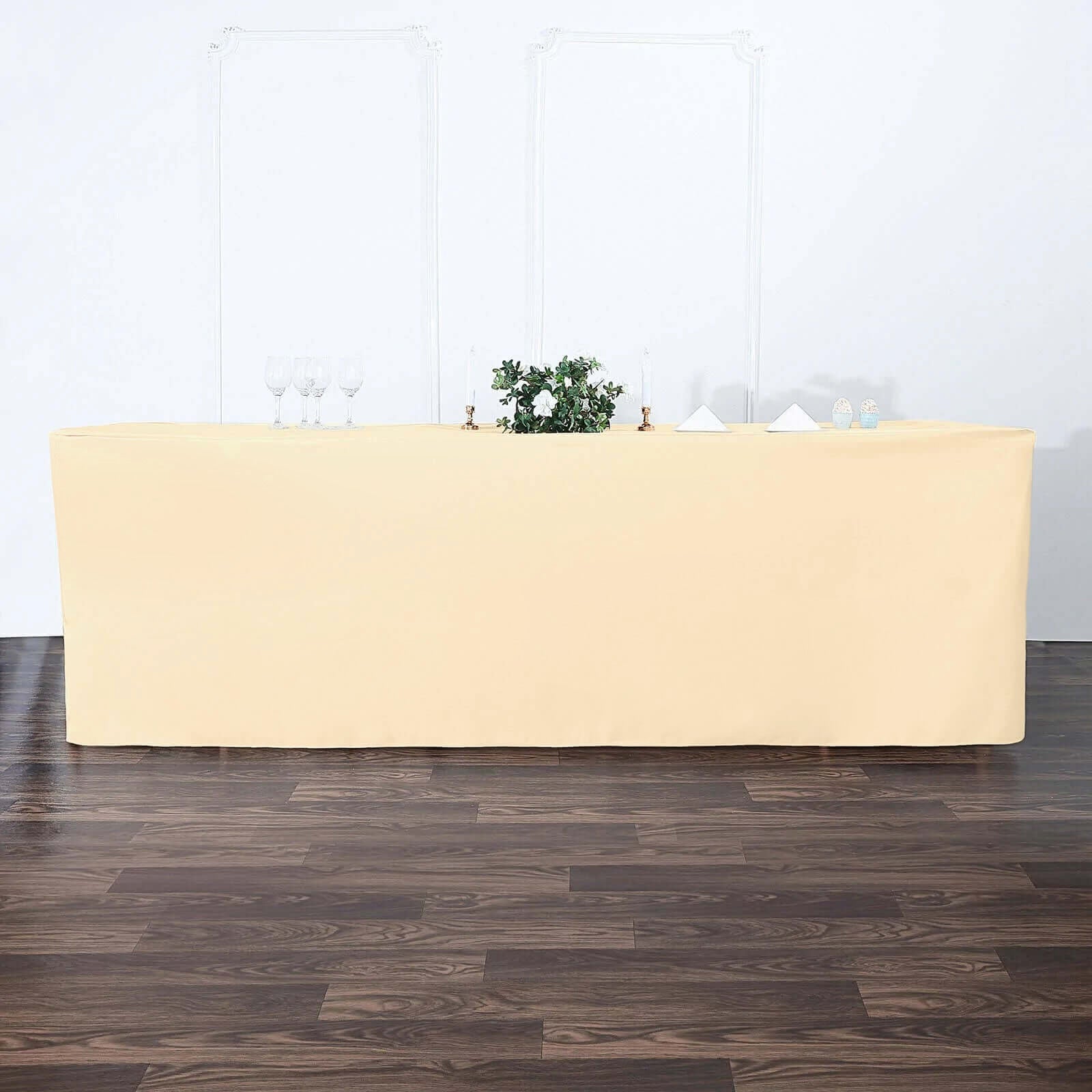 Fitted Polyester 96"x30" Rectangle Tablecloth Beige - Durable and Easy to Maintain Table Cover