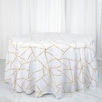 Polyester 120" Round Tablecloth White with Gold Foil Geometric Pattern Wrinkle-Resistant Modern Seamless Table Cover