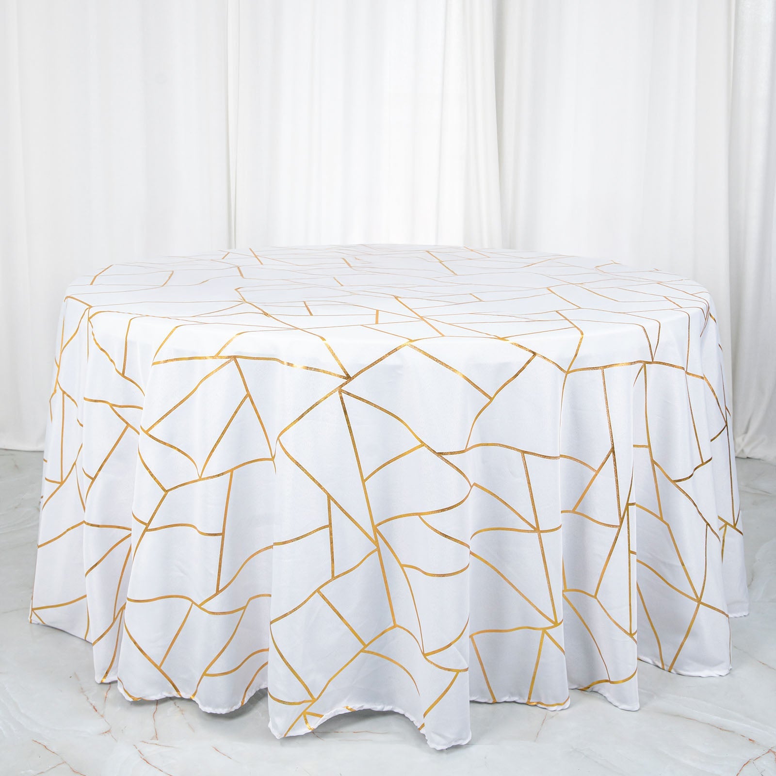 Polyester 120" Round Tablecloth White with Gold Foil Geometric Pattern Wrinkle-Resistant Modern Seamless Table Cover