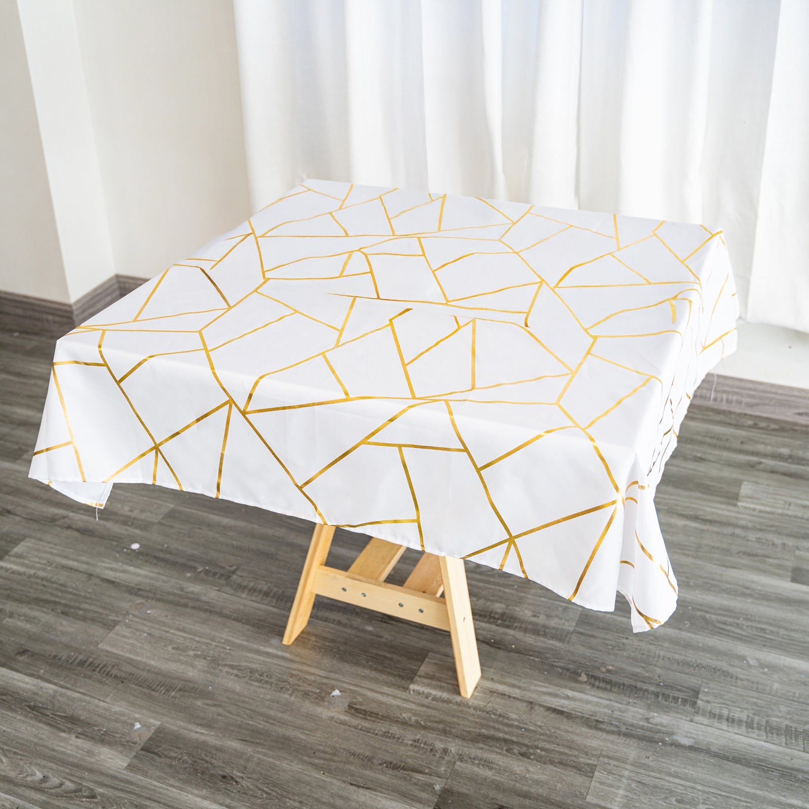 Polyester 54"x54" Square Tablecloth White with Gold Foil Geometric Pattern - Wrinkle-Resistant & Durable for Stylish Settings