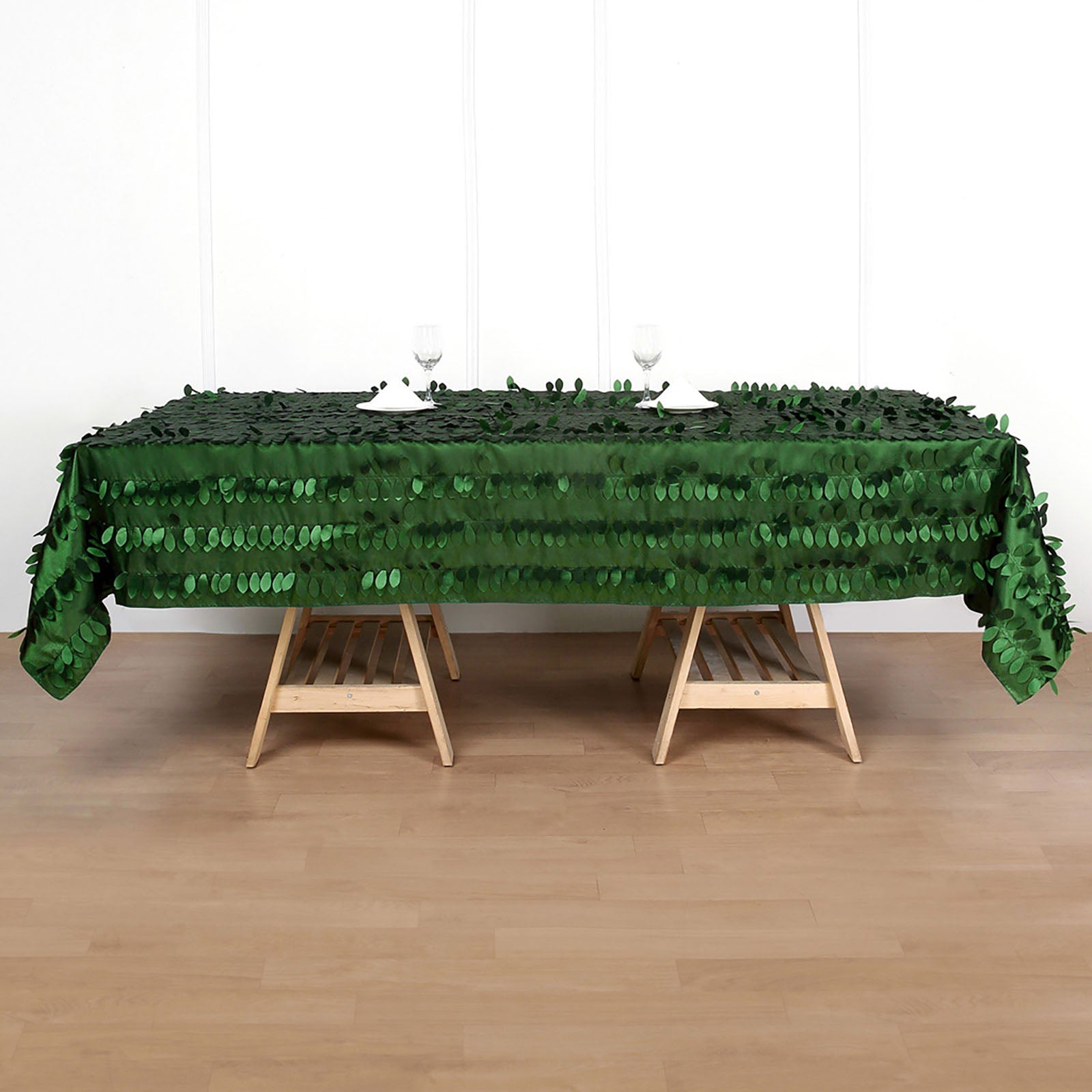 Taffeta 60"x102" Rectangle Tablecloth Green | Exquisite 3D Leaf Petal Design for Chic Wedding & Event Decor