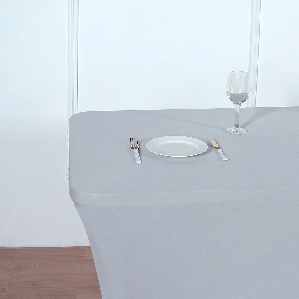 Stretch Spandex 96"x30" Rectangle Table Cover Silver - Durable Form-Fitting Tablecloth