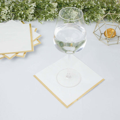 50-Pack Paper Beverage Napkins with Gold Foil Edge White - Disposable 2 Ply Cocktail Napkins for Events 6.5"x6.5"