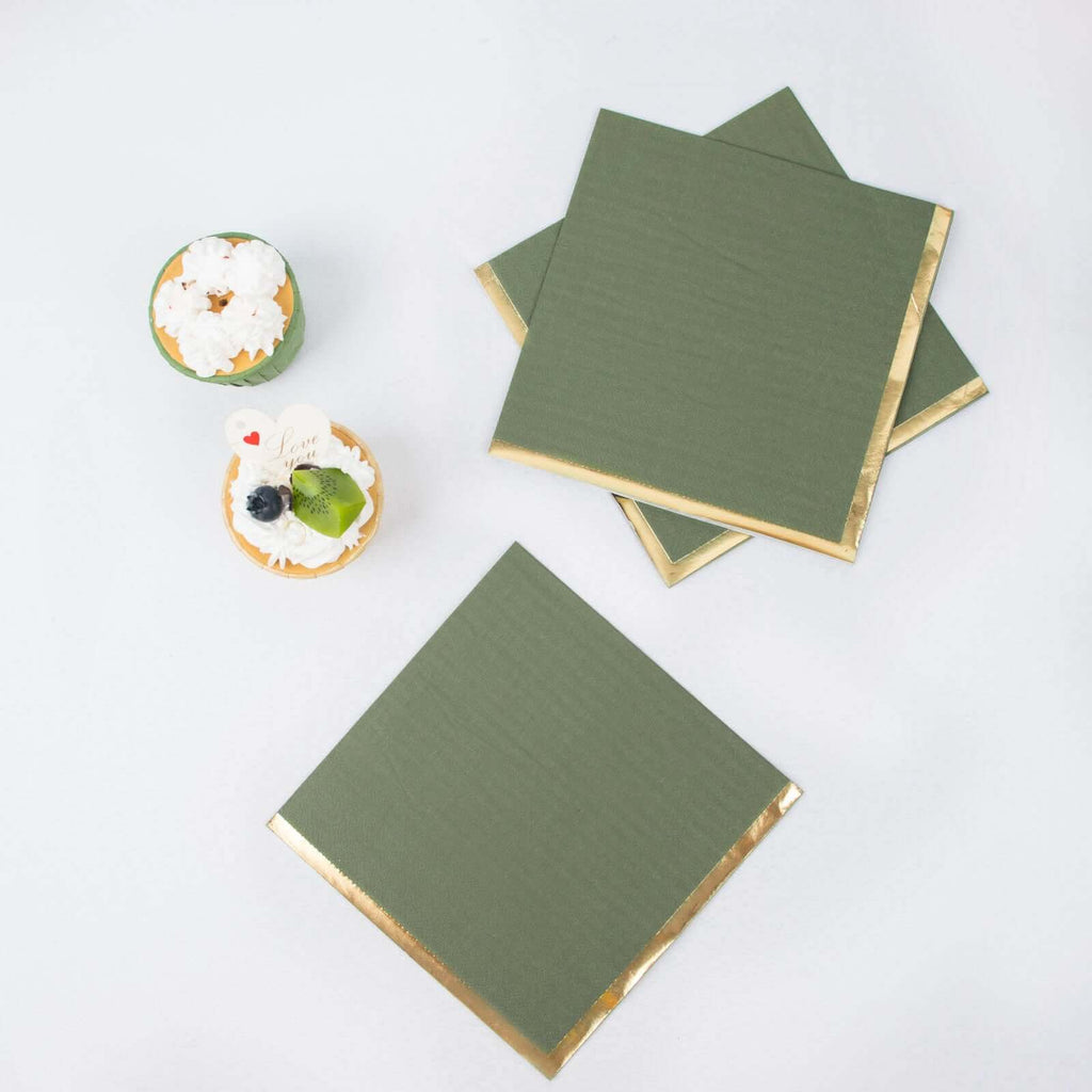 50-Pack Paper Beverage Napkins with Gold Foil Olive Green - Disposable 2 Ply Cocktail Napkins for Events 6.5"x6.5"
