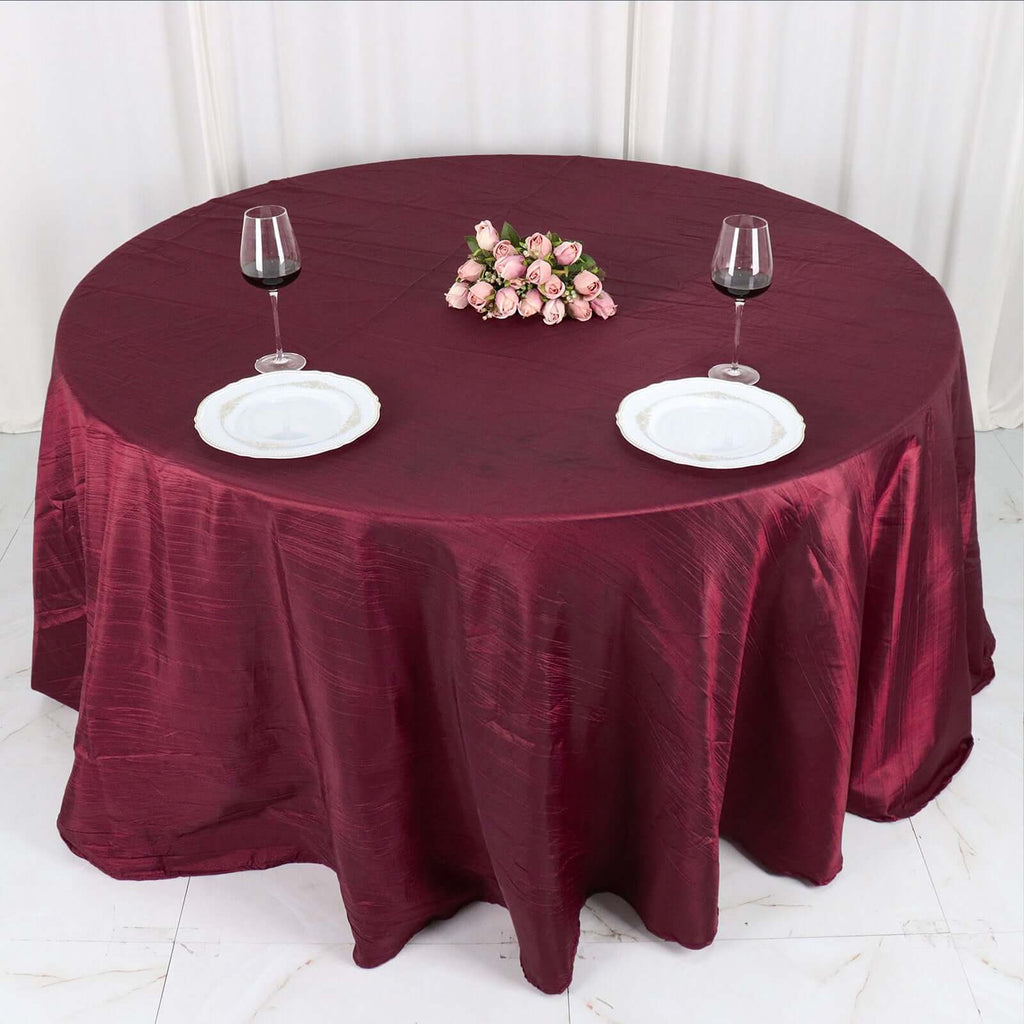 Taffeta 132" Round Tablecloth Burgundy - Seamless Accordion Crinkle Table Cover