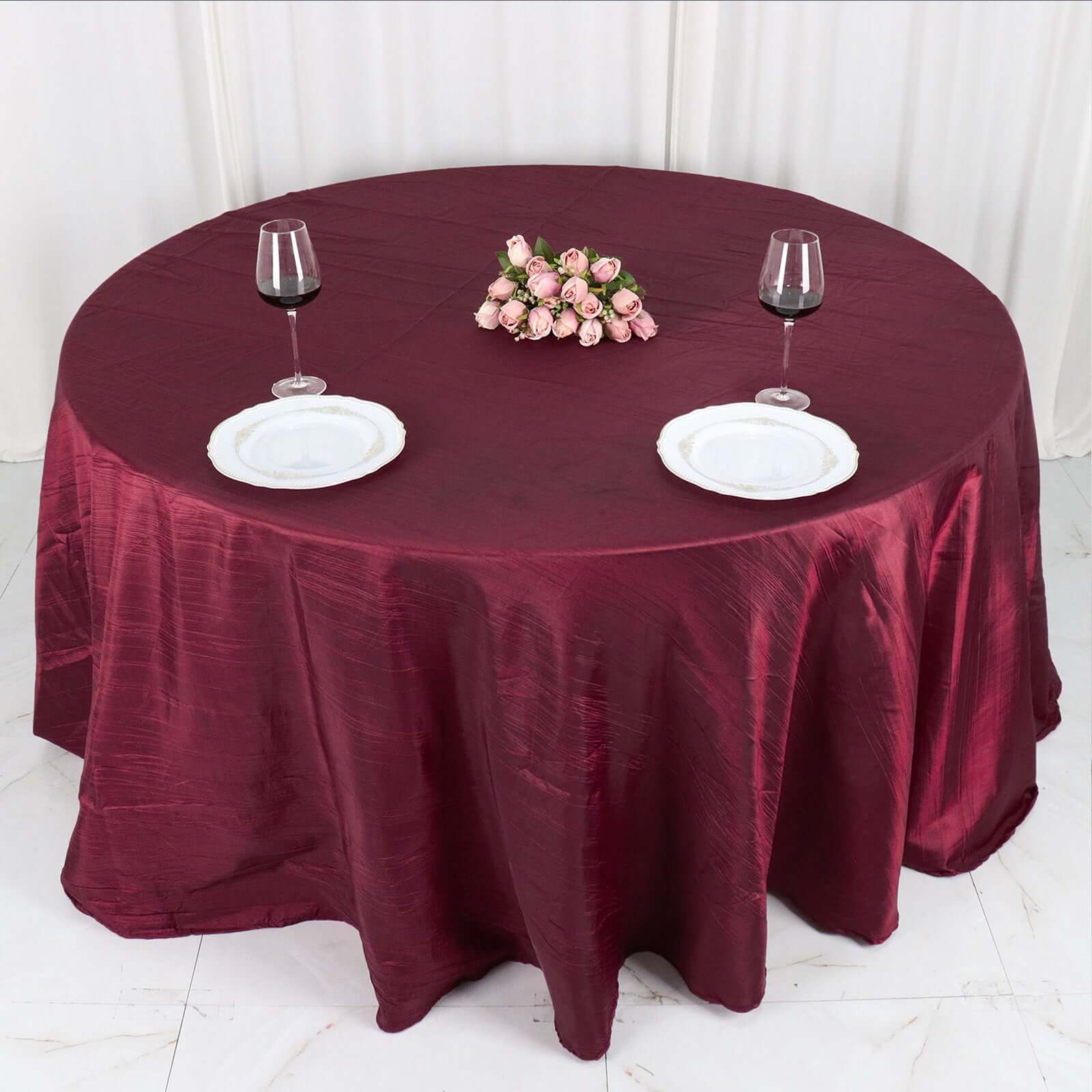 Taffeta 132" Round Tablecloth Burgundy - Seamless Accordion Crinkle Table Cover